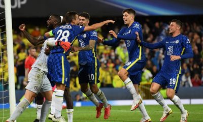 Chelsea players celebrate after winning the UEFA