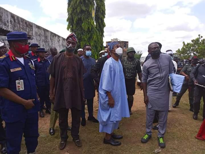 Minister of Interior, Ogbeni Rauf Aregbesola at Abolongo correctional center, after it was attacked by Gunmen on Friday Night 22nd October, 2021