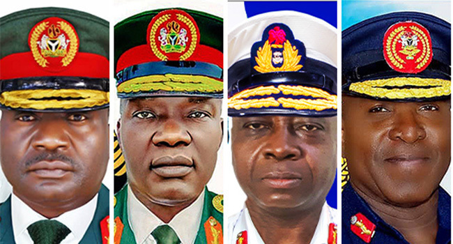 L-R: COMBO PHOTO of Chief of Defence Staff, Maj. Gen. C.G Musa; Chief of Army Staff, Maj. Gen. T. A Lagbaja; Chief of Naval Staff, Rear Admiral E. A Ogalla; and Chief of Air Staff, AVM H.B Abubakar